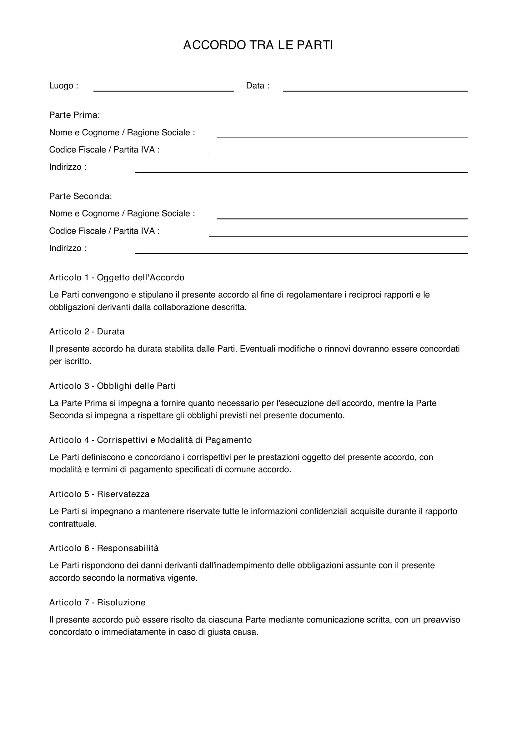 Accordo Tra Le Parti Fac Simile