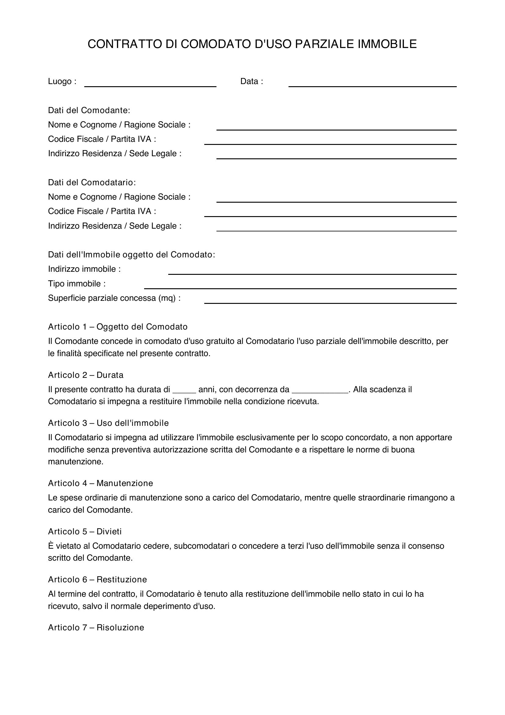 Comodato D'Uso Parziale Immobile Modello