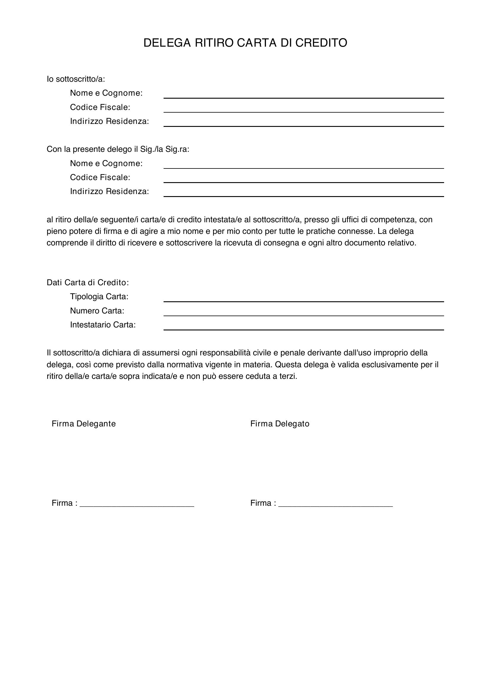 Delega Ritiro Carta Di Credito