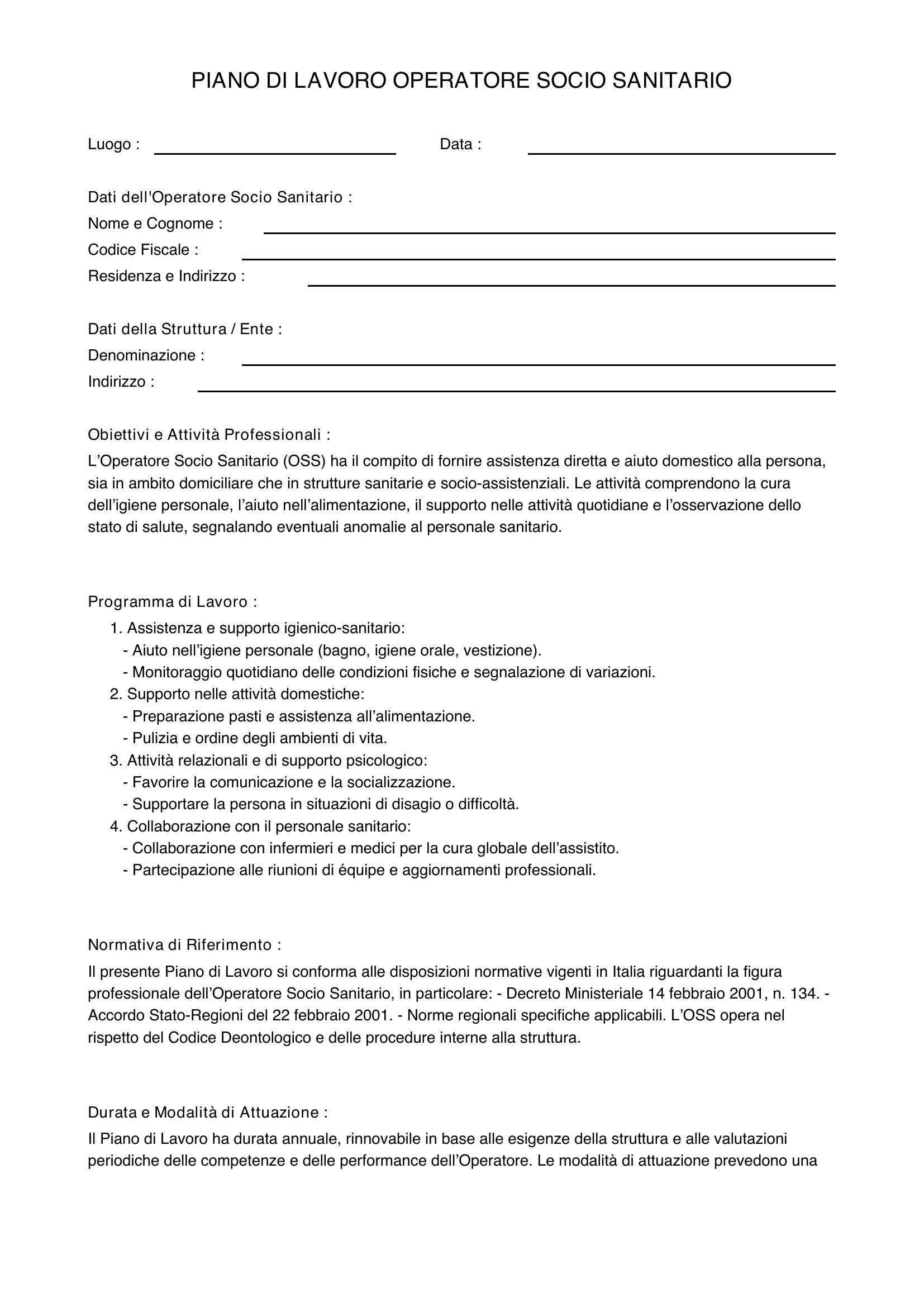 Esempio Piano Di Lavoro Oss