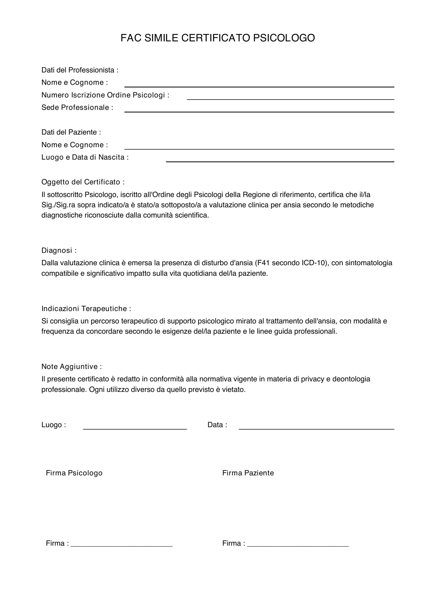 Fac Simile Certificato Psicologo Ansia
