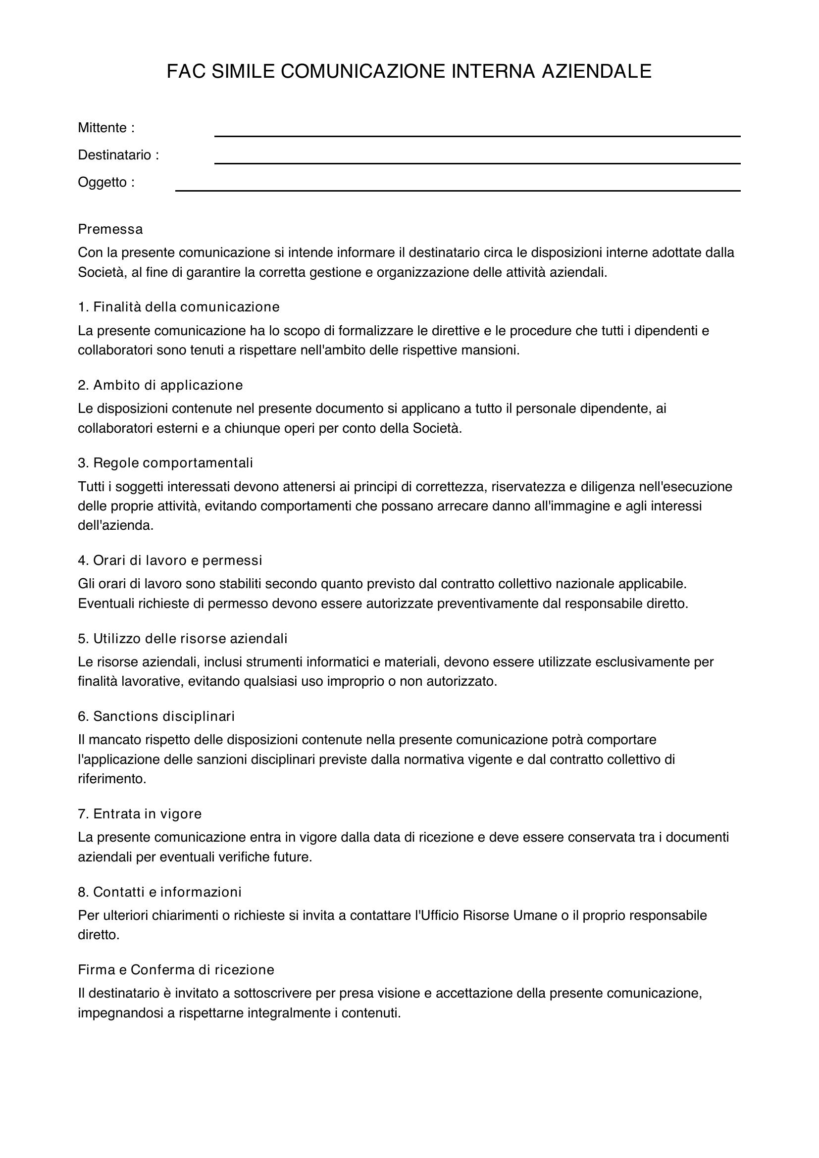 Fac Simile Comunicazione Interna Aziendale Esempio