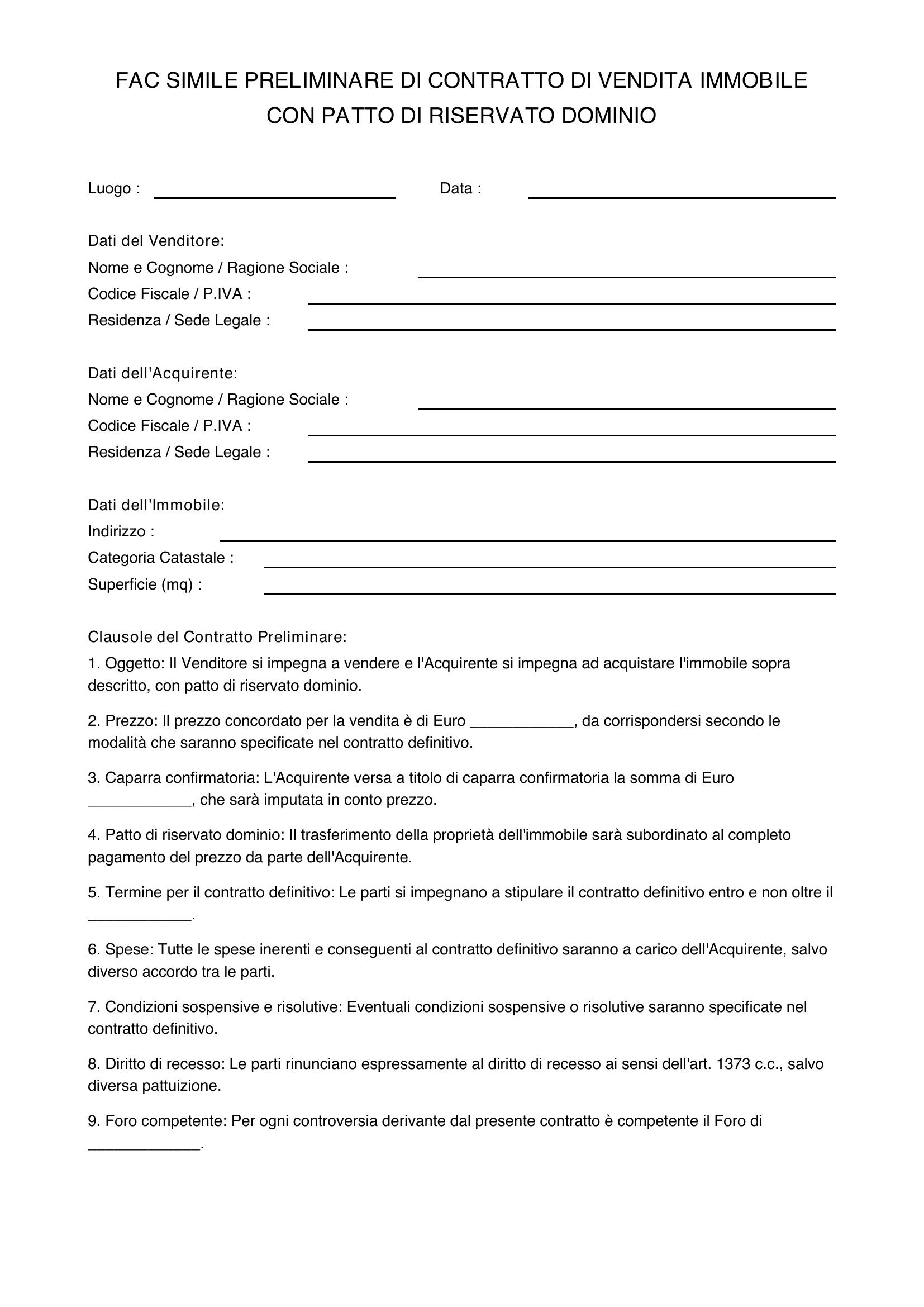 Fac Simile Preliminare Vendita Immobile Con Patto Di Riservato Dominio
