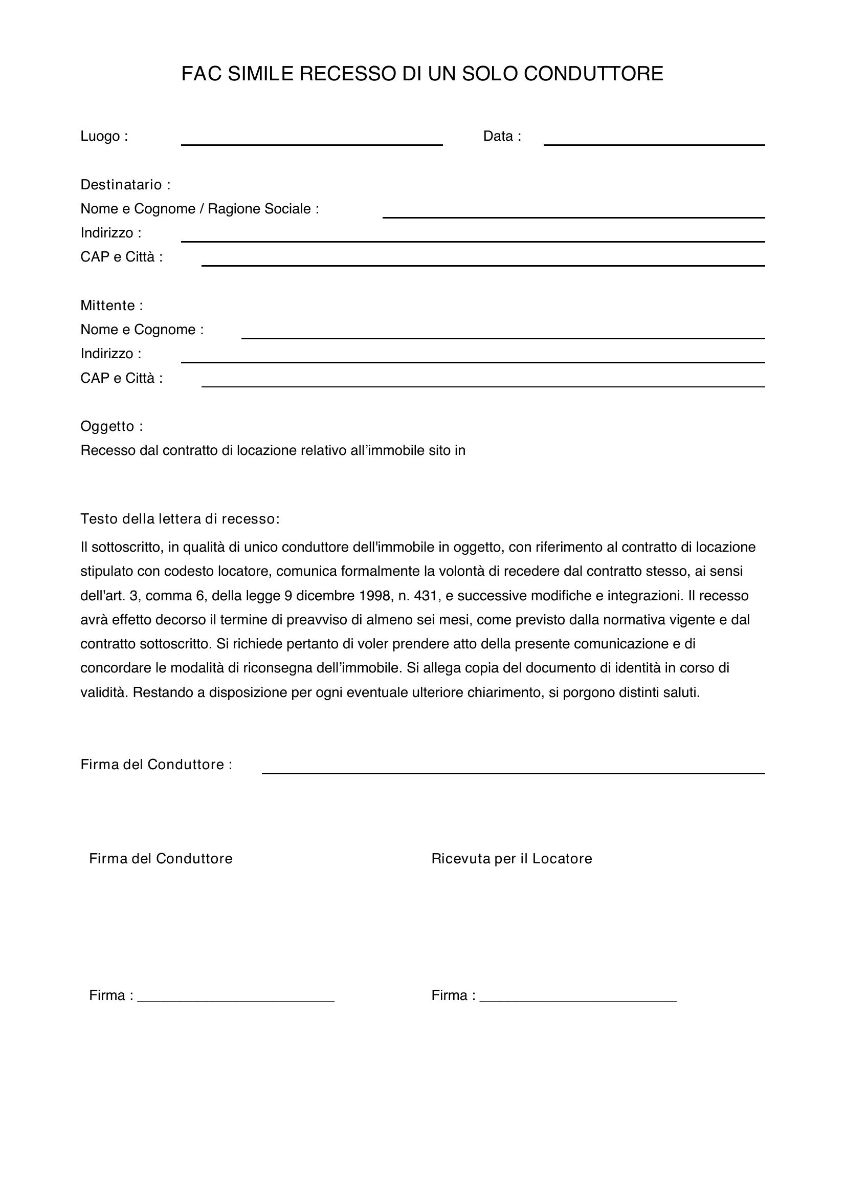 Fac Simile Recesso Di Un Solo Conduttore