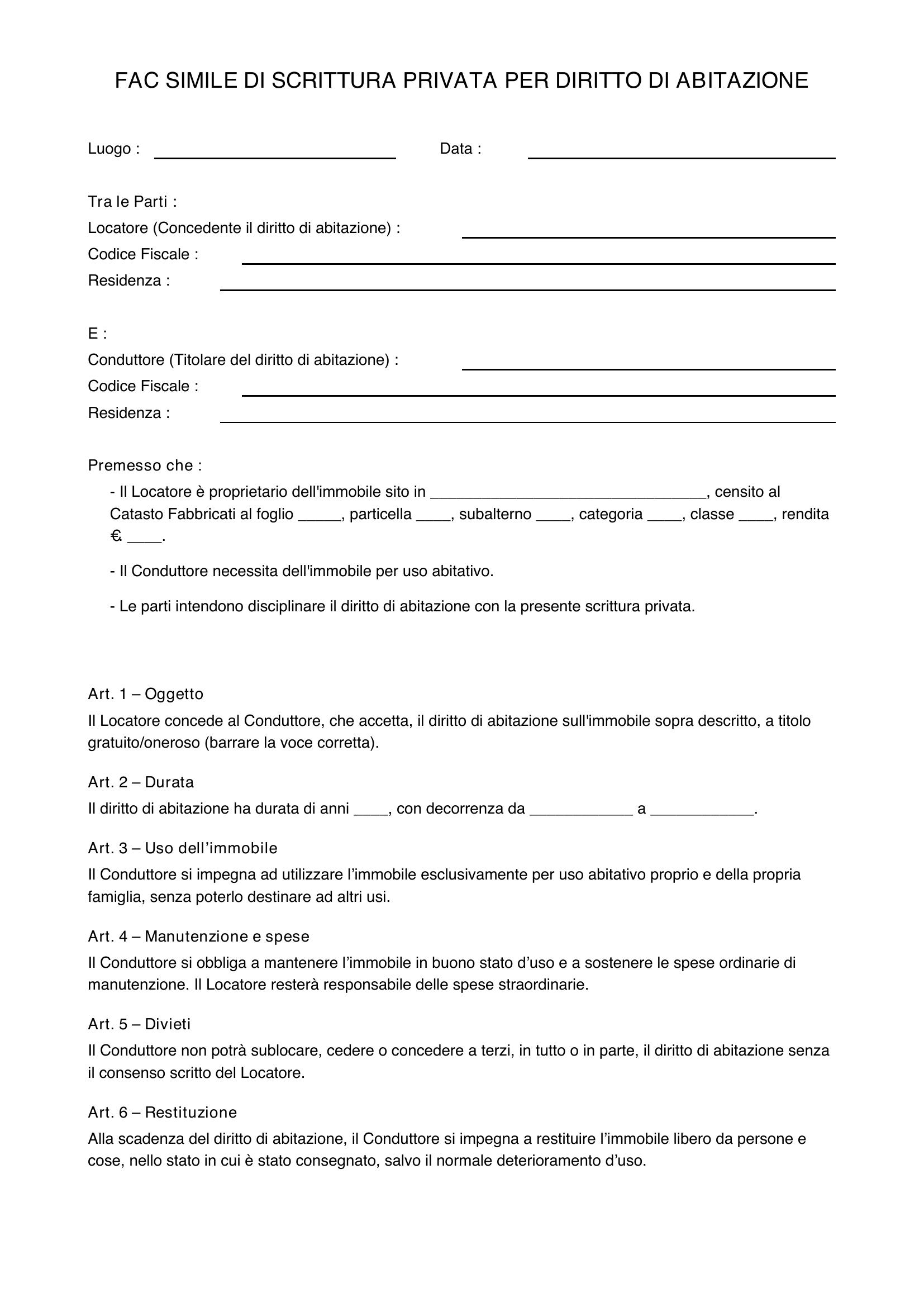 Fac Simile Scrittura Privata Per Diritto Di Abitazione