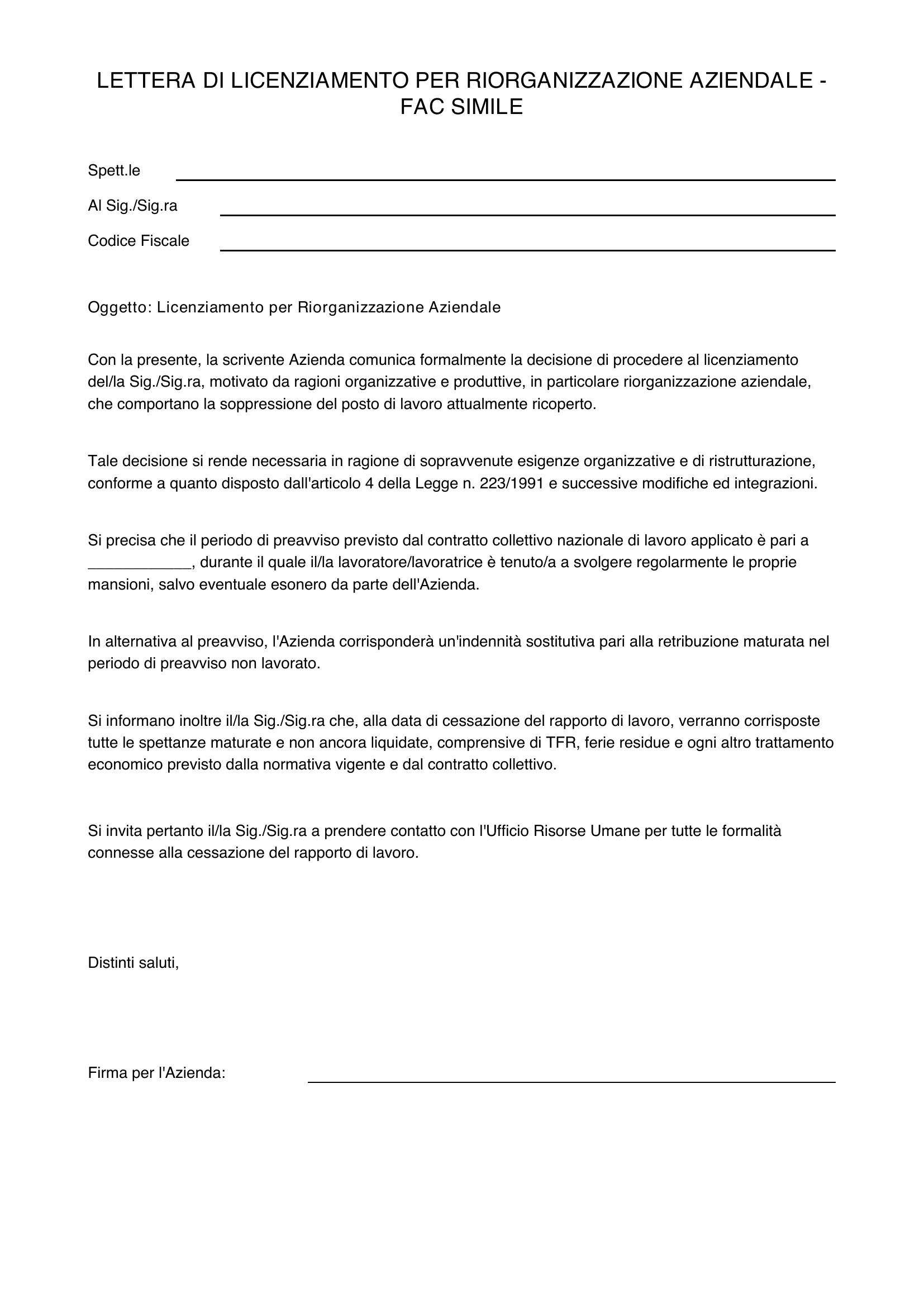 Licenziamento Per Riorganizzazione Aziendale Fac Simile