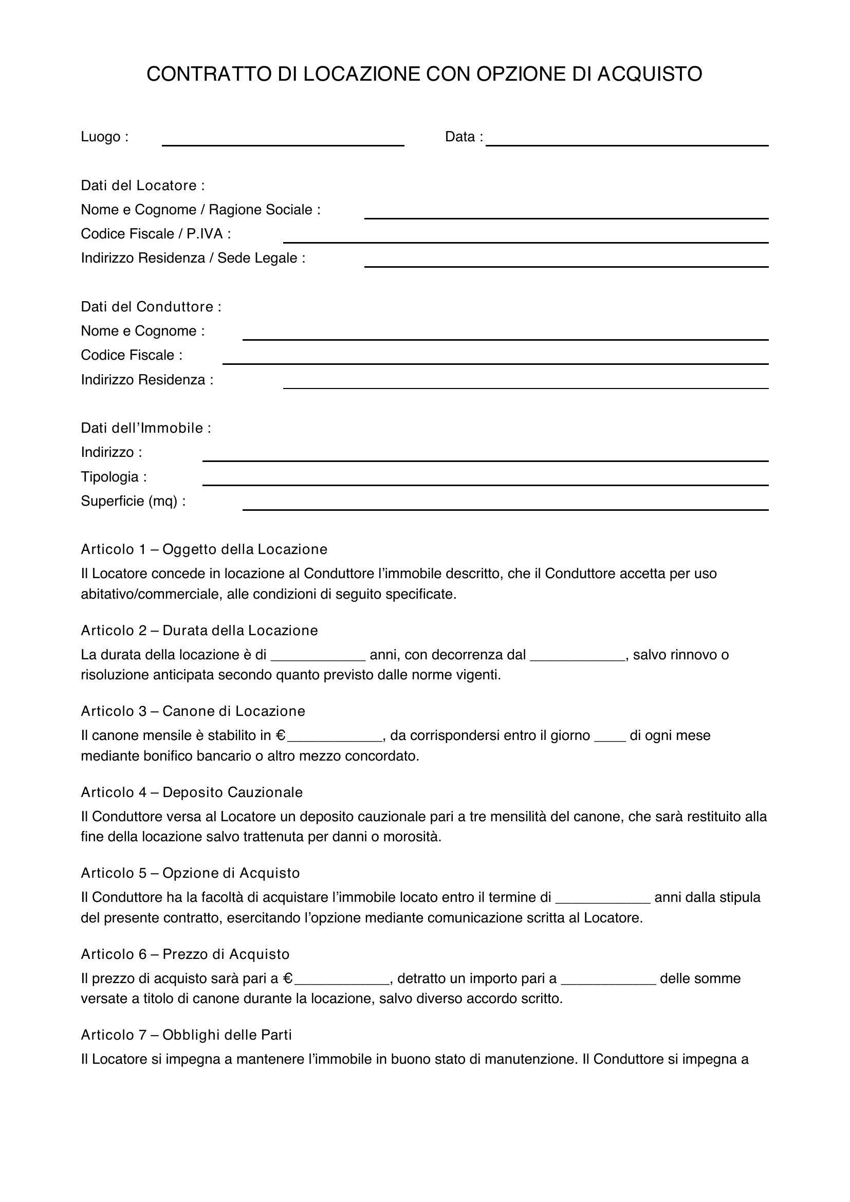 Locazione Con Opzione Di Acquisto Fac Simile