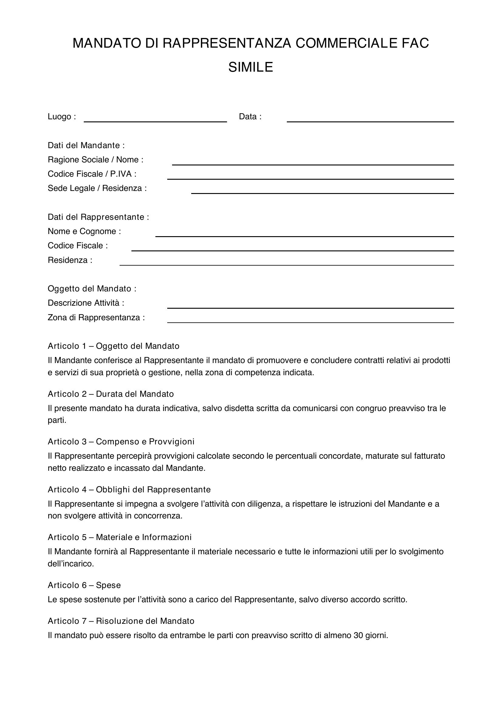 Mandato Di Rappresentanza Commerciale Fac Simile