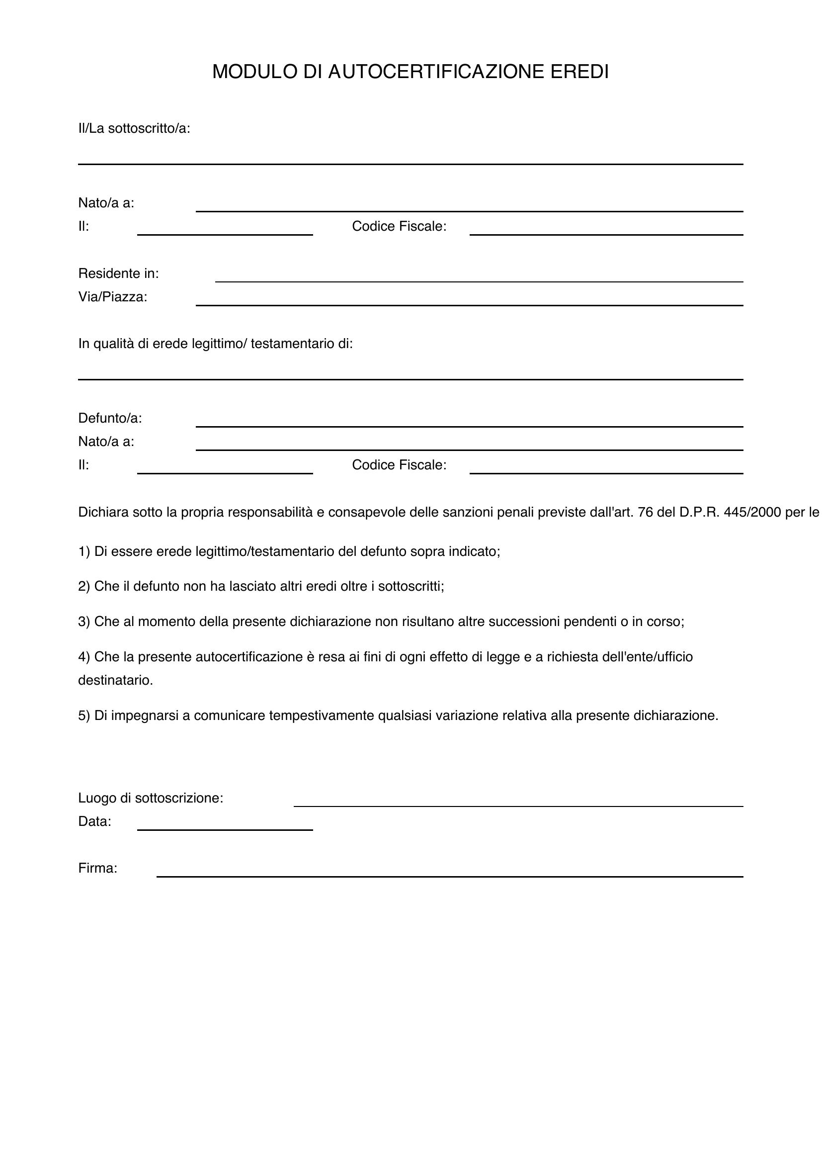 Modulo Autocertificazione Eredi