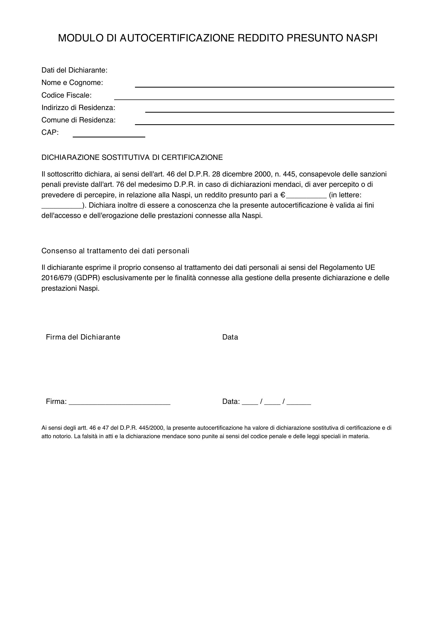 Modulo Autocertificazione Reddito Presunto Naspi