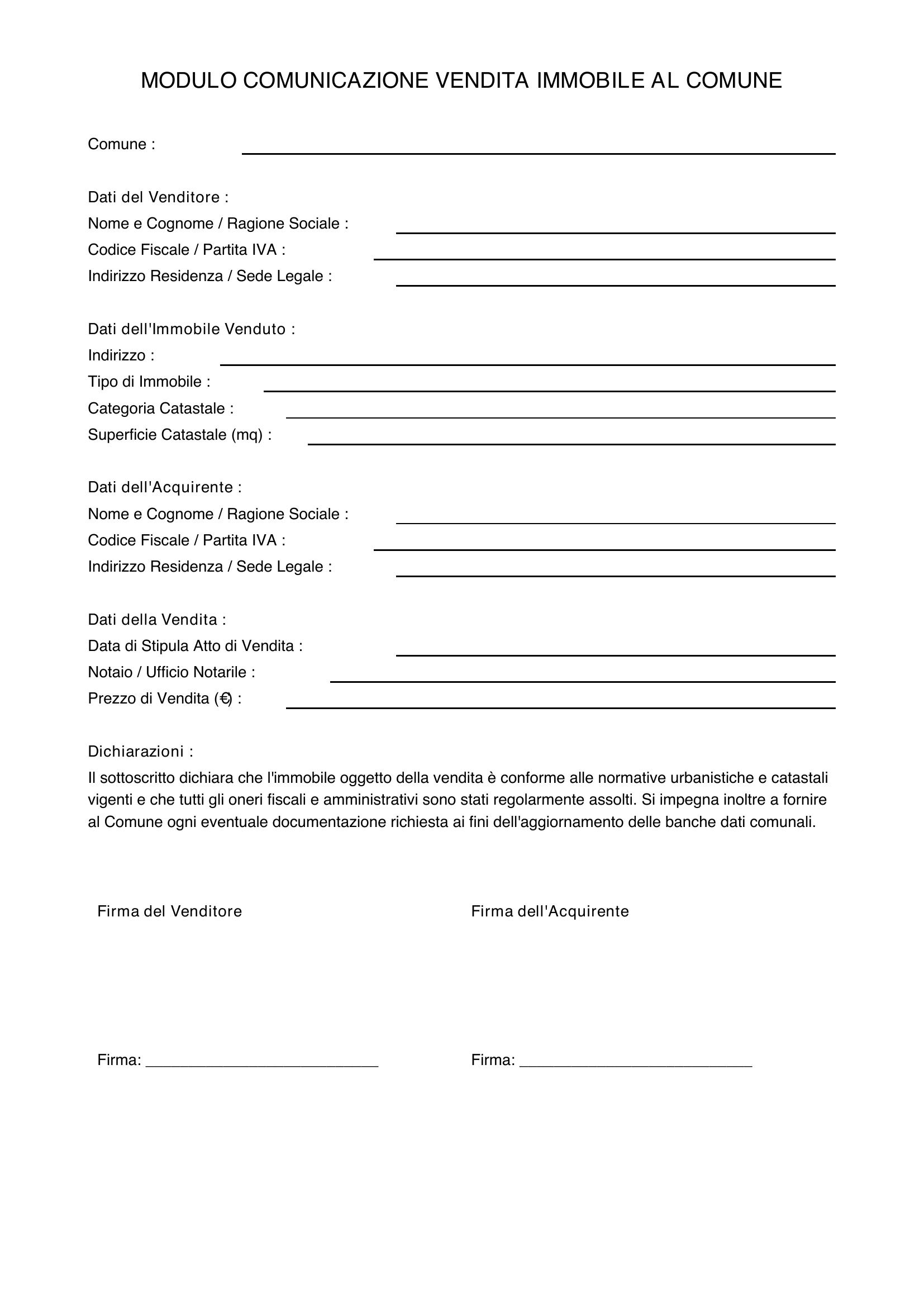 Modulo Comunicazione Vendita Immobile Al Comune