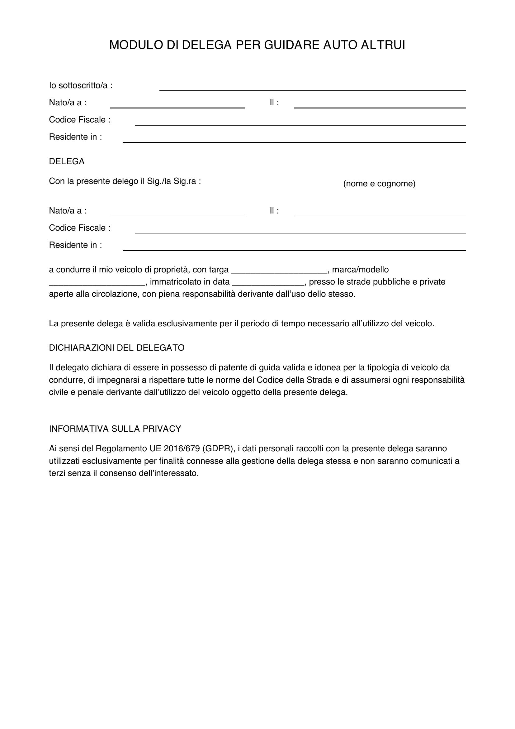 Modulo Delega Per Guidare Auto Altrui