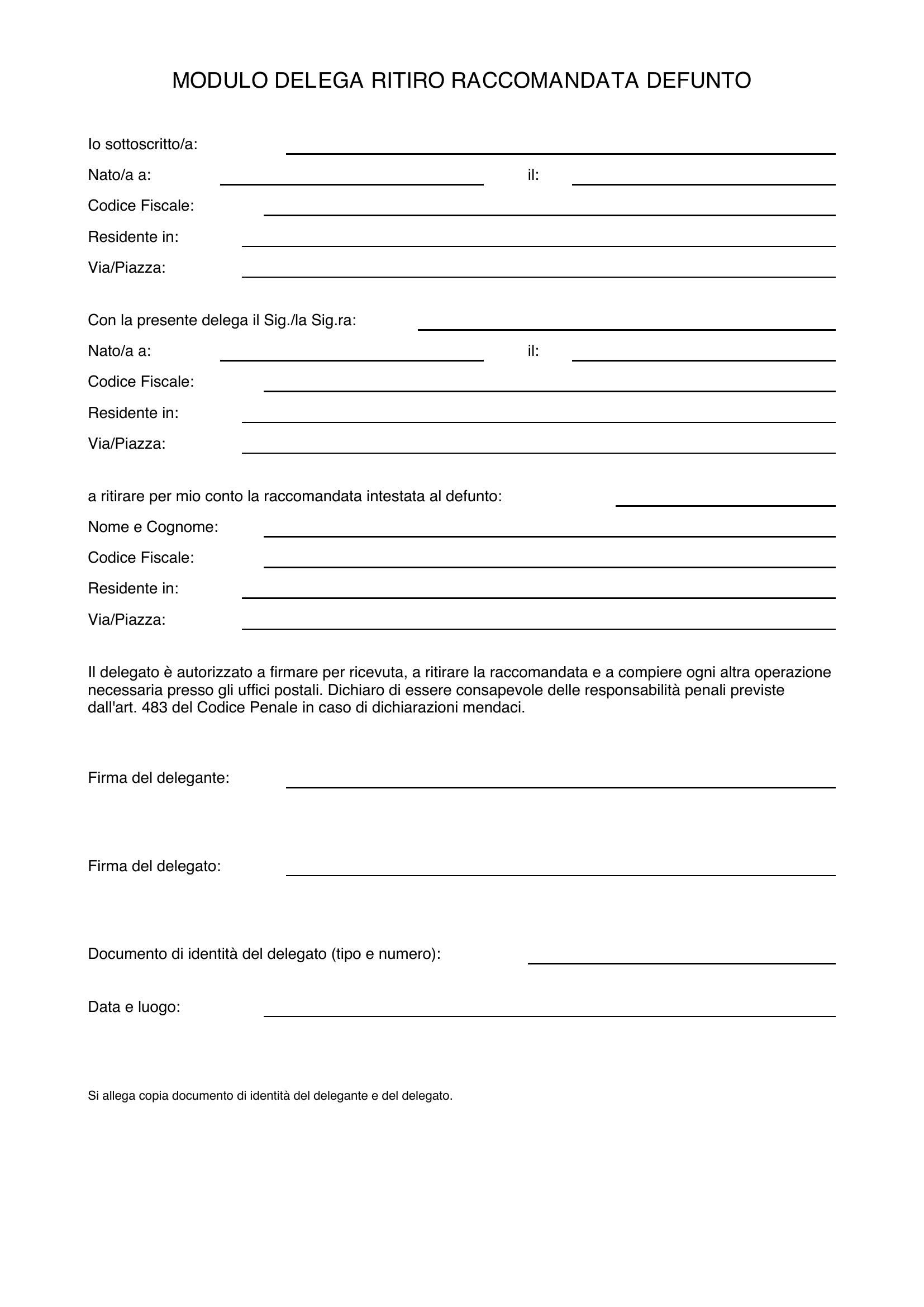 Modulo Delega Ritiro Raccomandata Defunto Poste Italiane