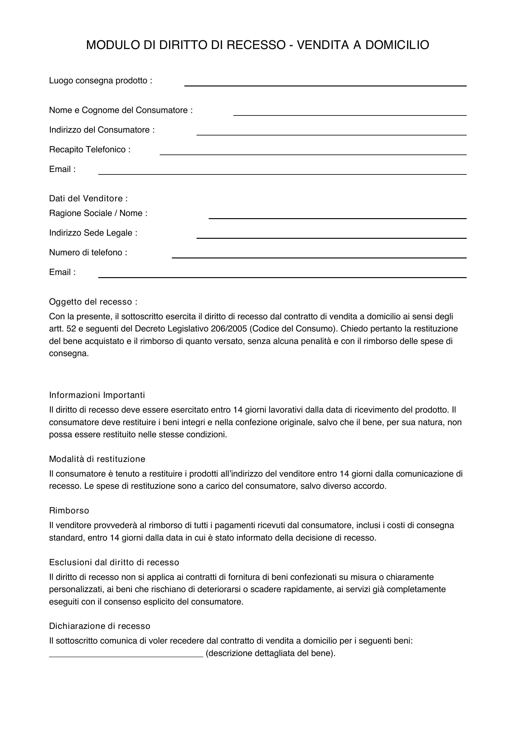 Modulo Diritto Di Recesso Vendita A Domicilio