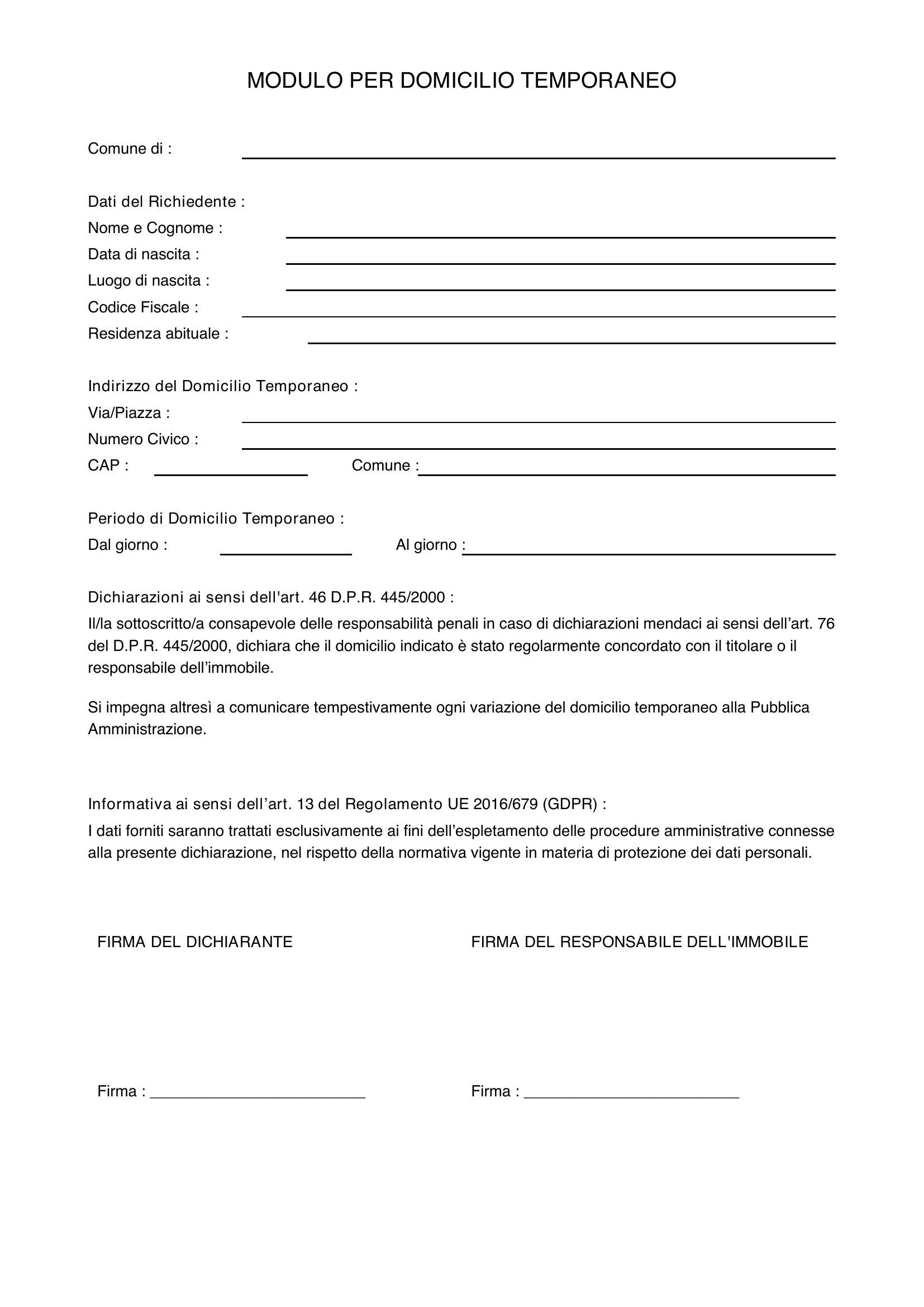 Modulo Per Domicilio Temporaneo