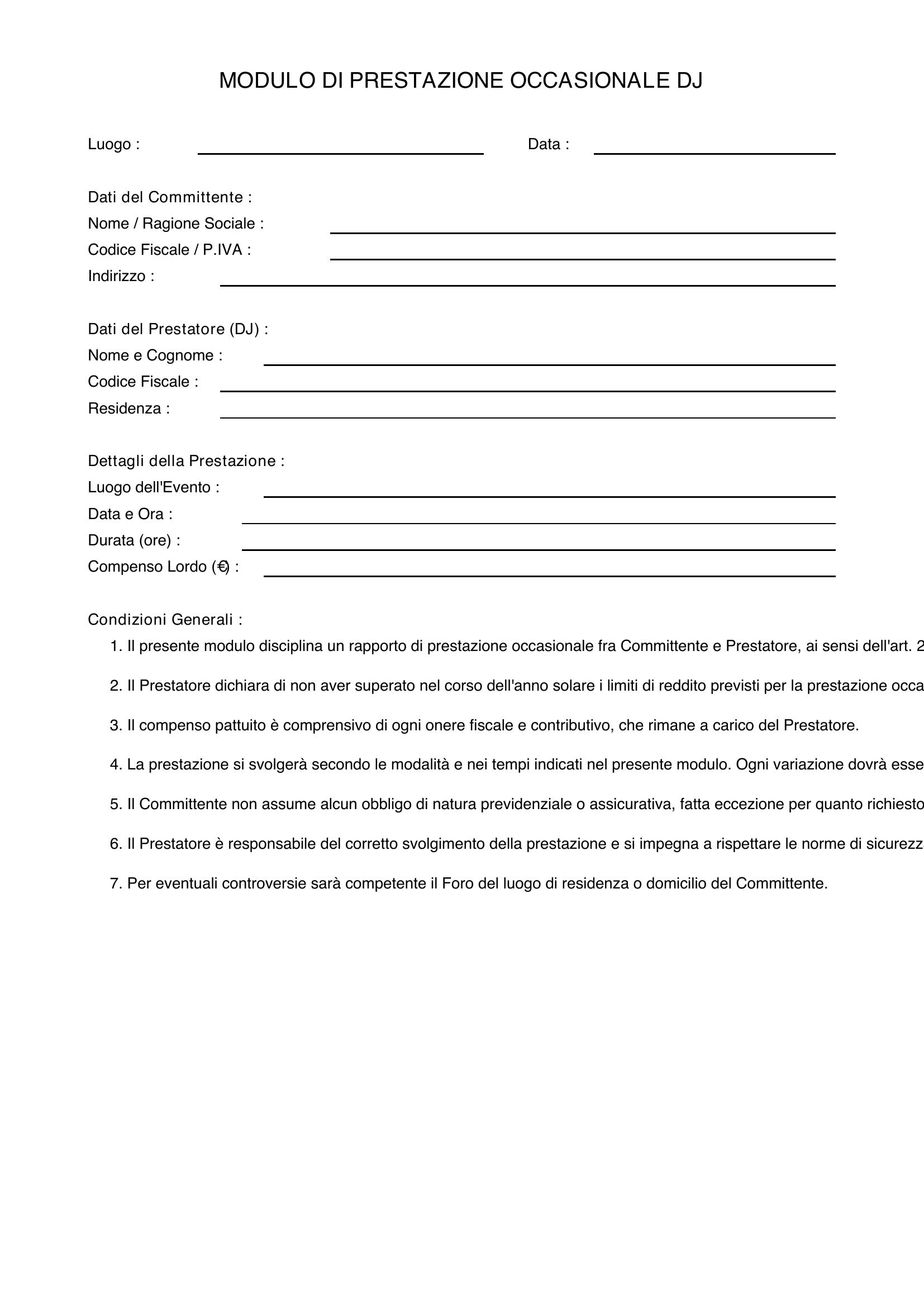 Modulo Prestazione Occasionale Dj