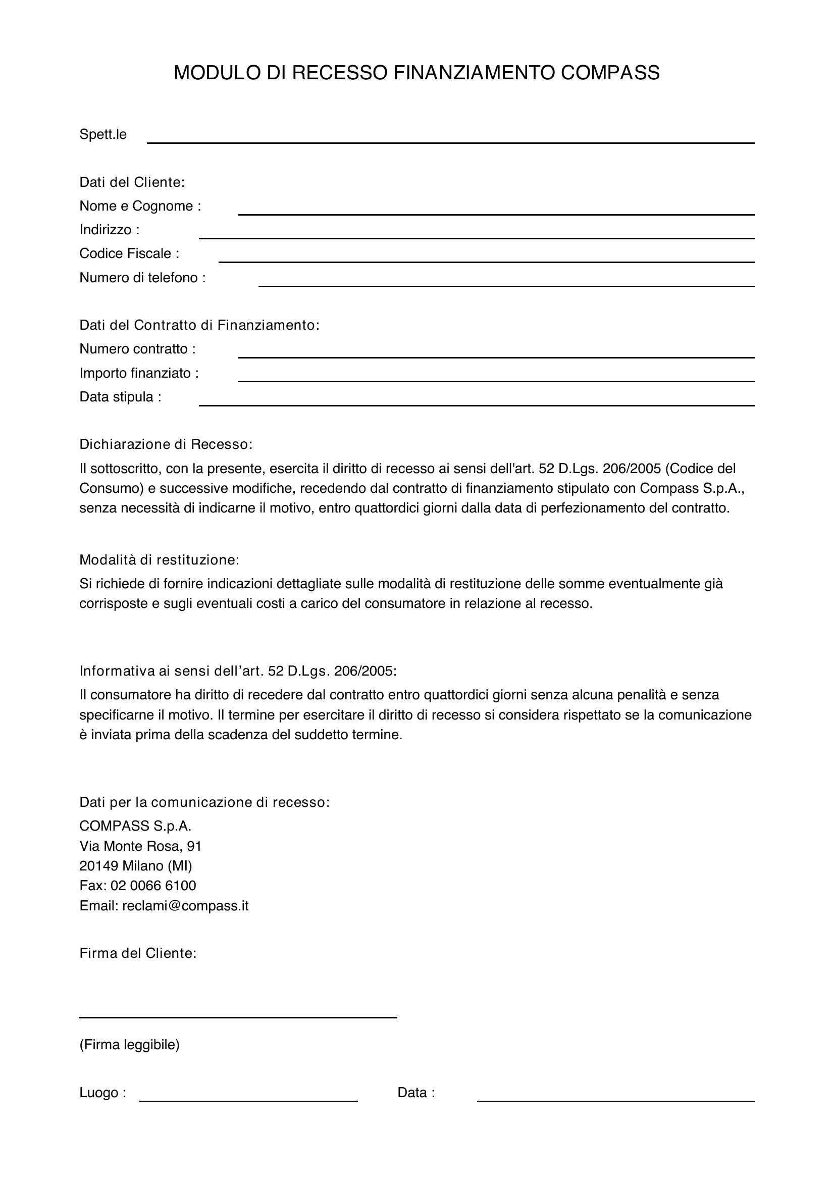 Modulo Recesso Finanziamento Compass