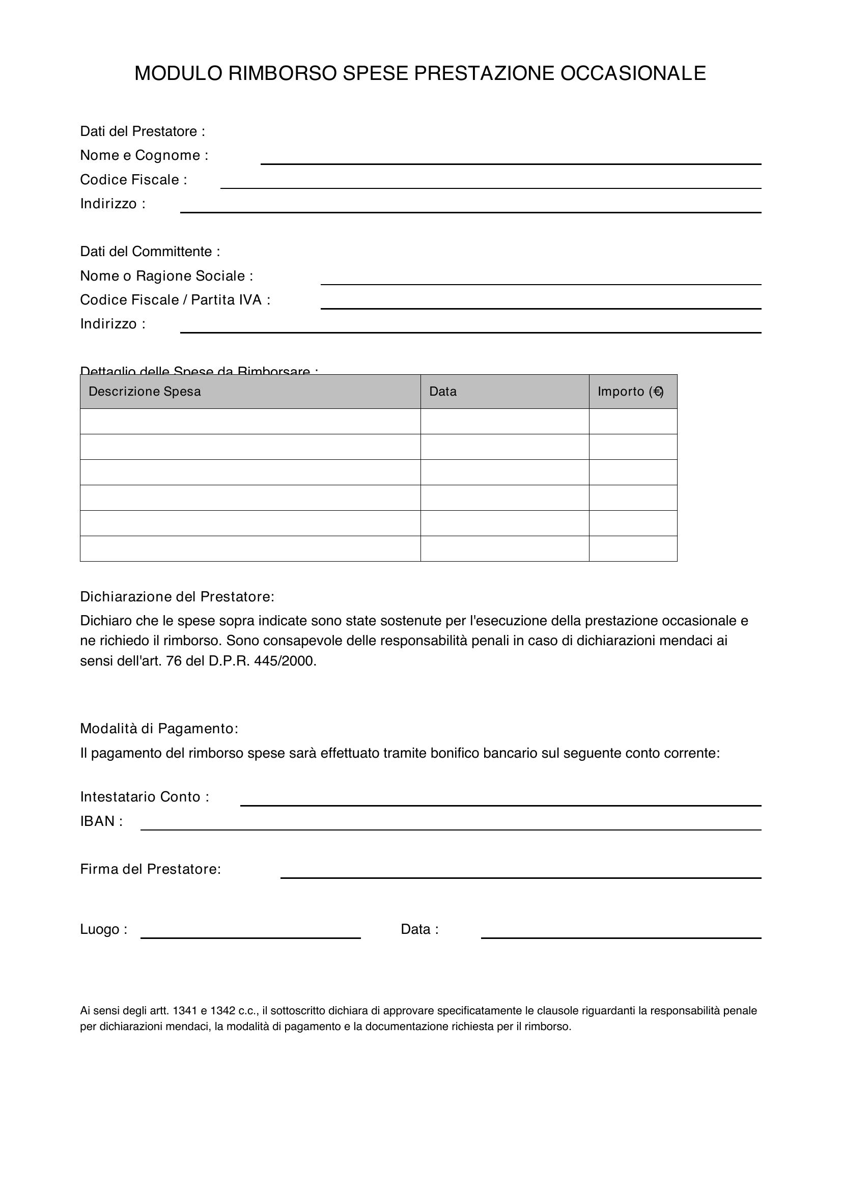 Modulo Rimborso Spese Prestazione Occasionale