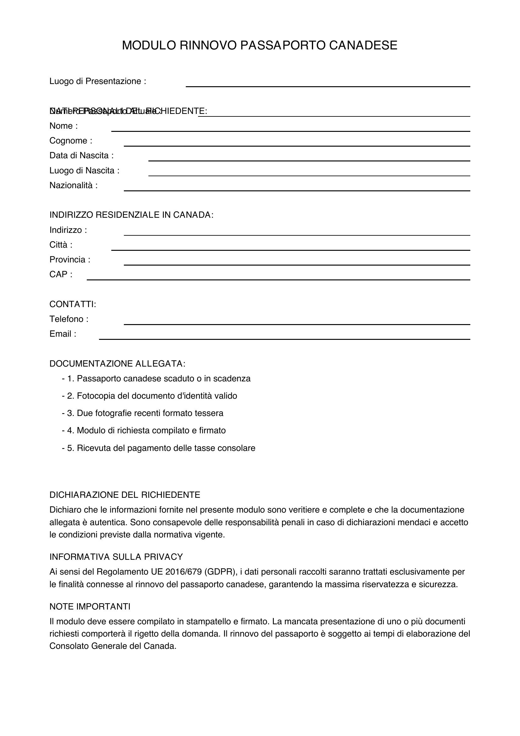 Modulo Rinnovo Passaporto Canadese