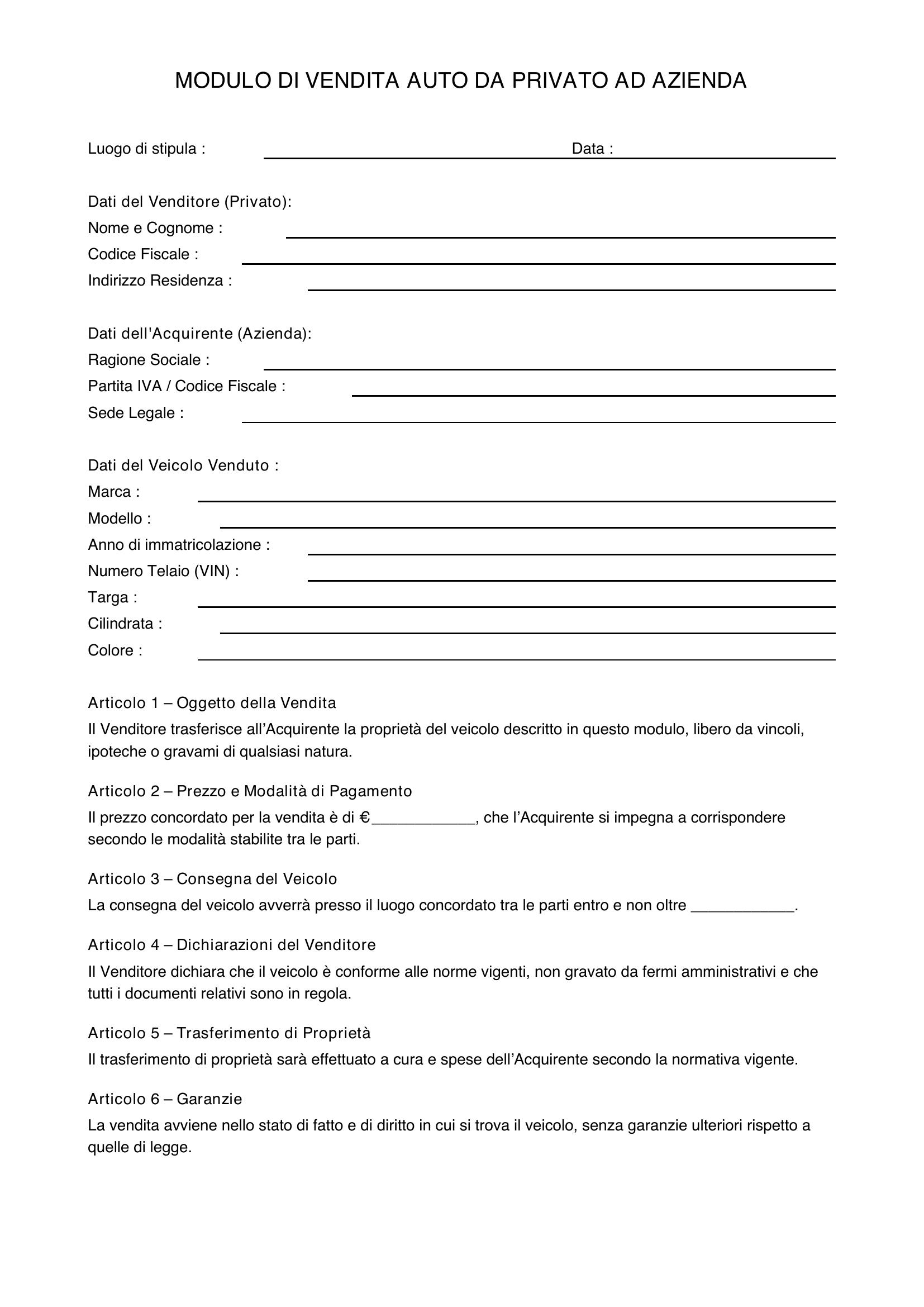 Modulo Vendita Auto Da Privato Ad Azienda