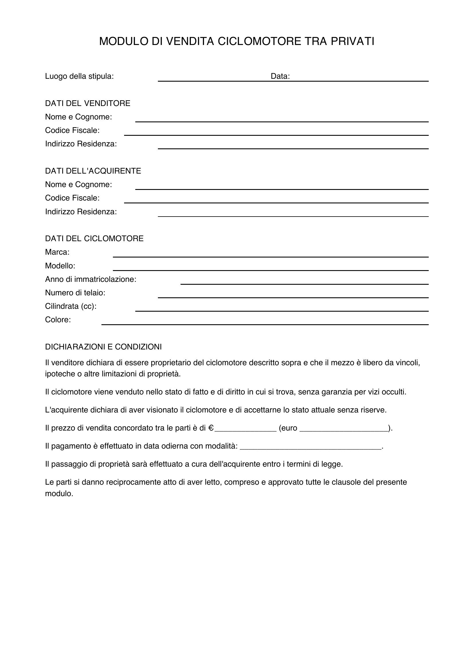 Modulo Vendita Ciclomotore Tra Privati