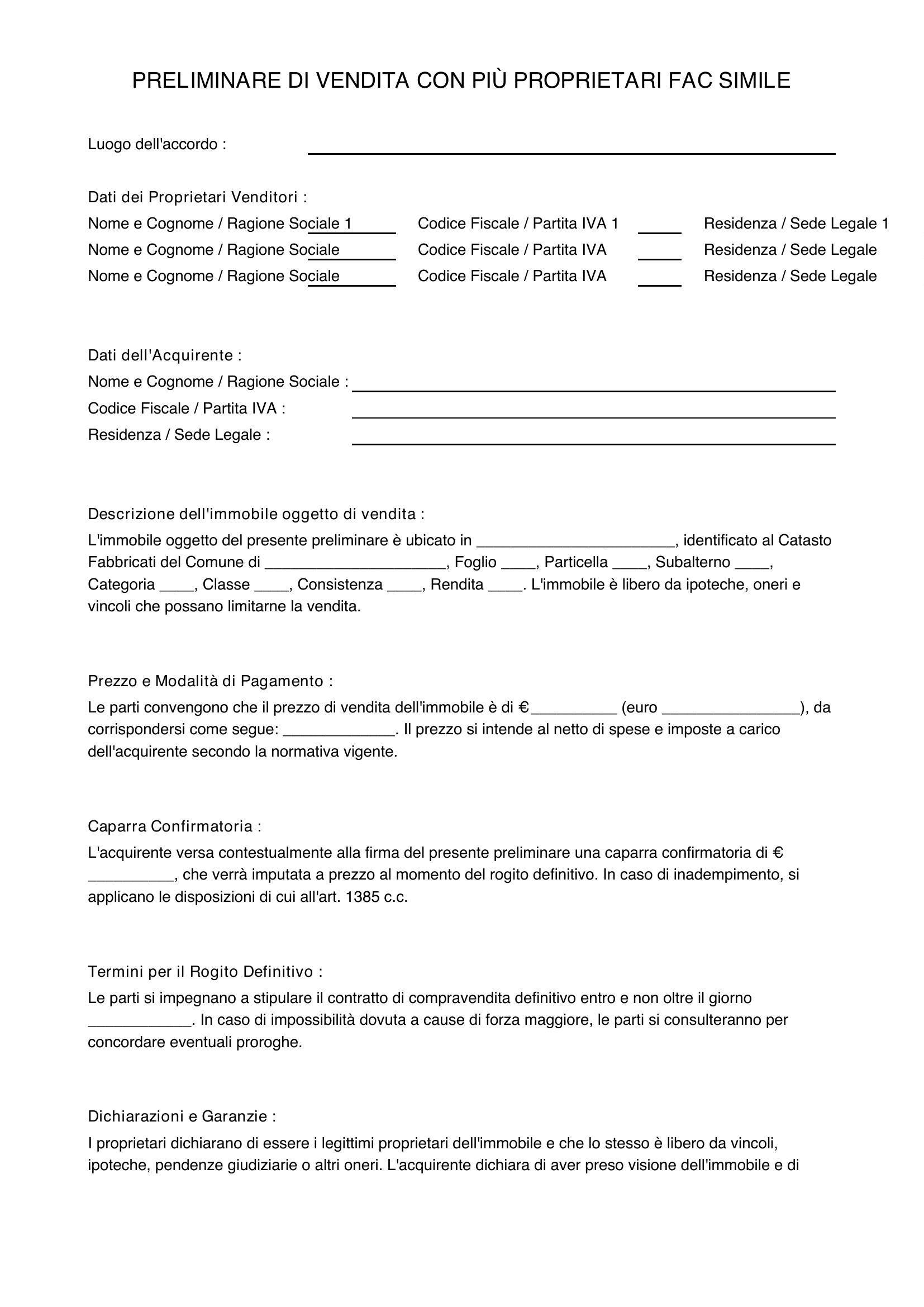 Preliminare Di Vendita Con Più Proprietari Fac Simile