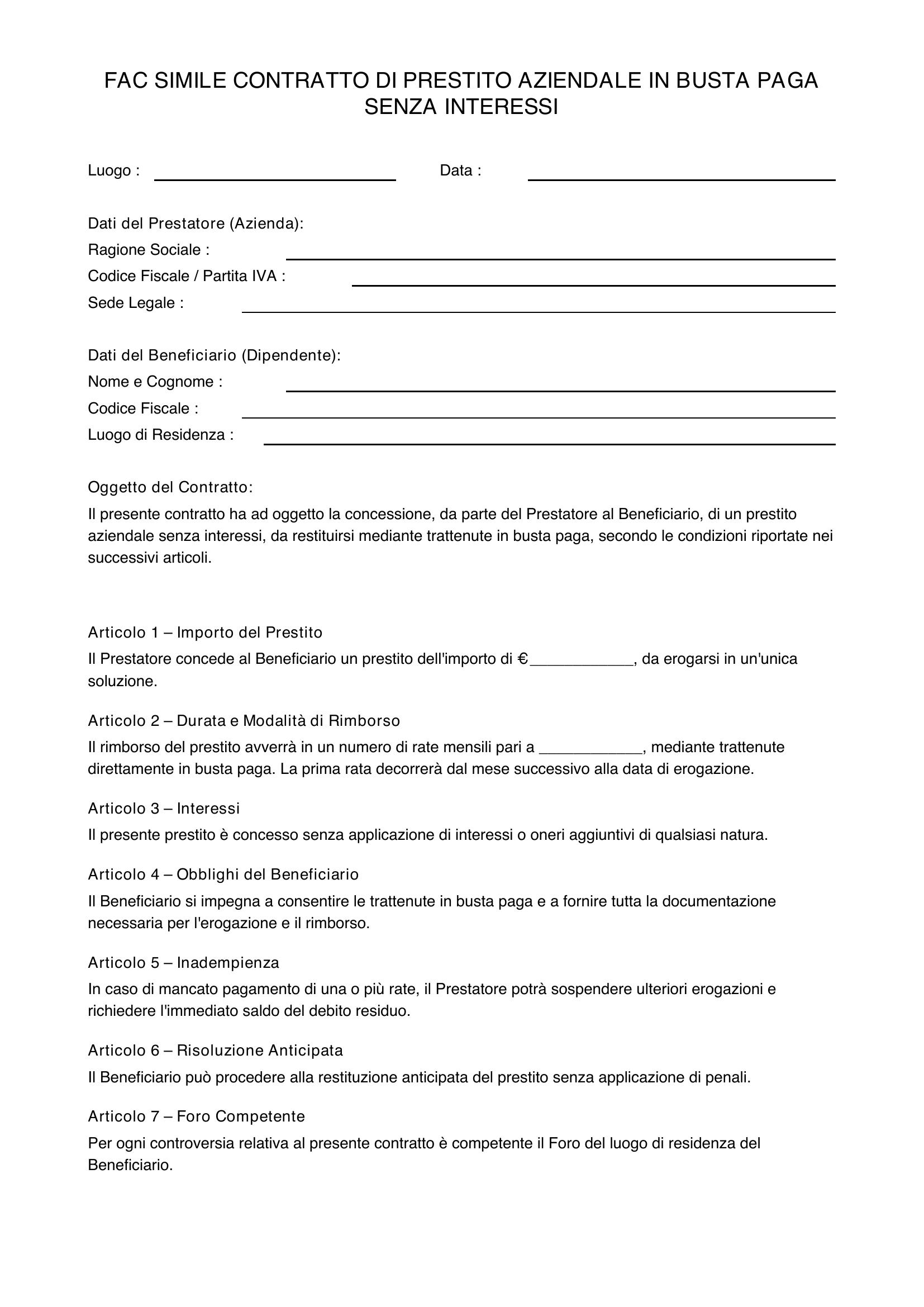 Prestito Aziendale In Busta Paga Senza Interessi Fac Simile