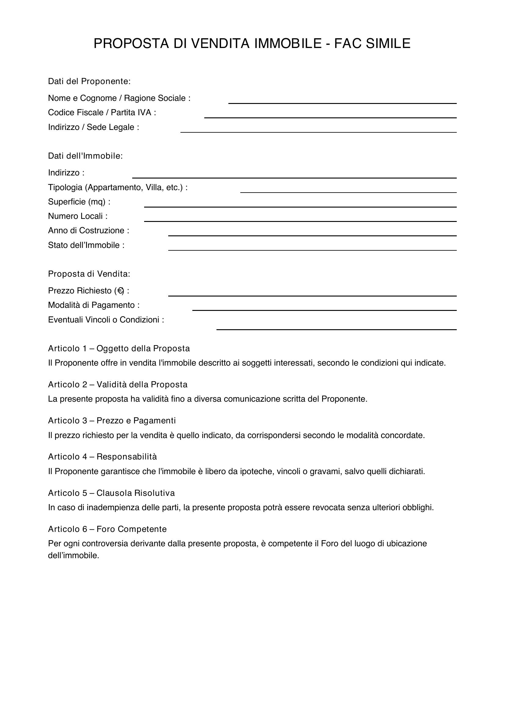 Proposta Di Vendita Immobile Fac Simile