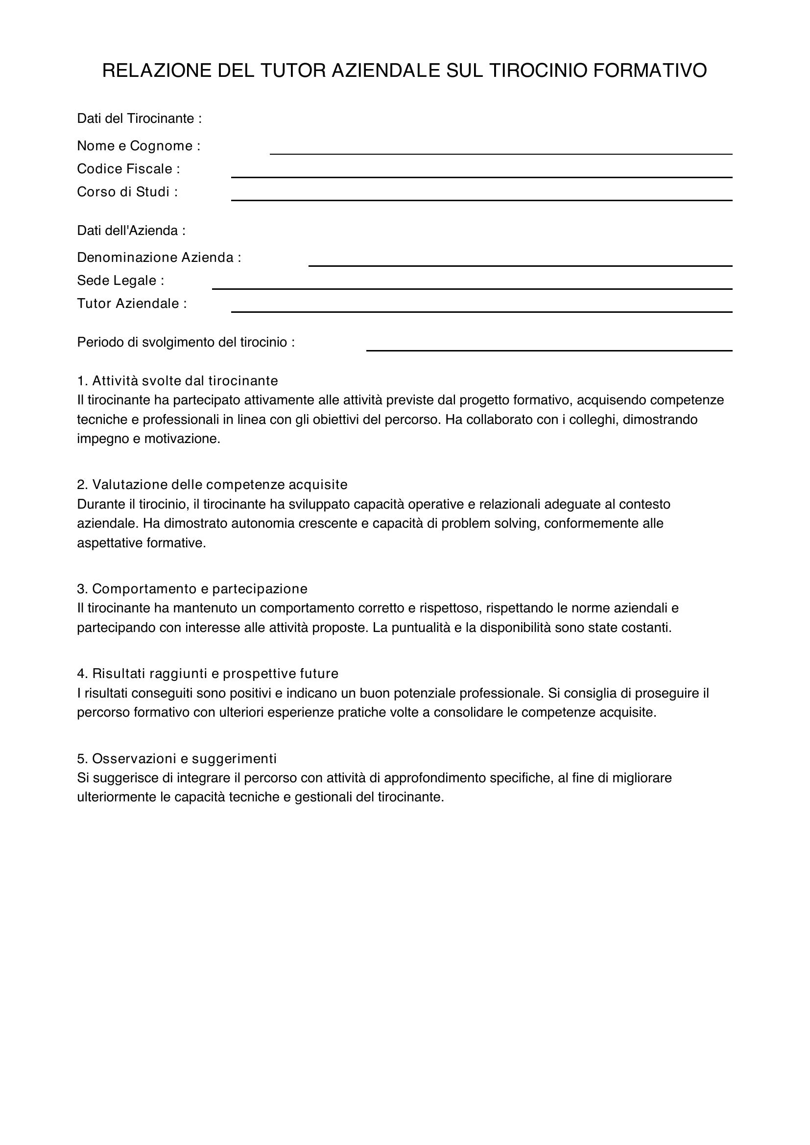 Relazione Tutor Tirocinio Esempio