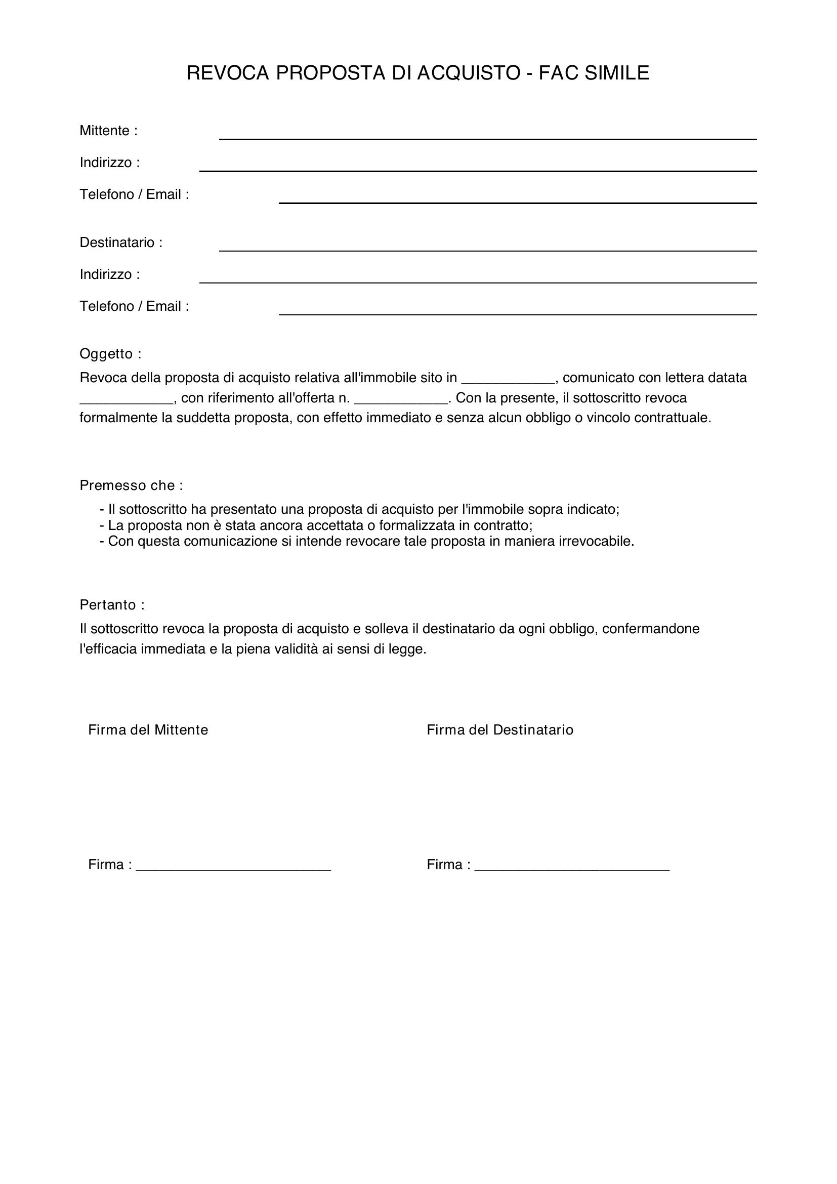 Revoca Proposta Di Acquisto Fac Simile