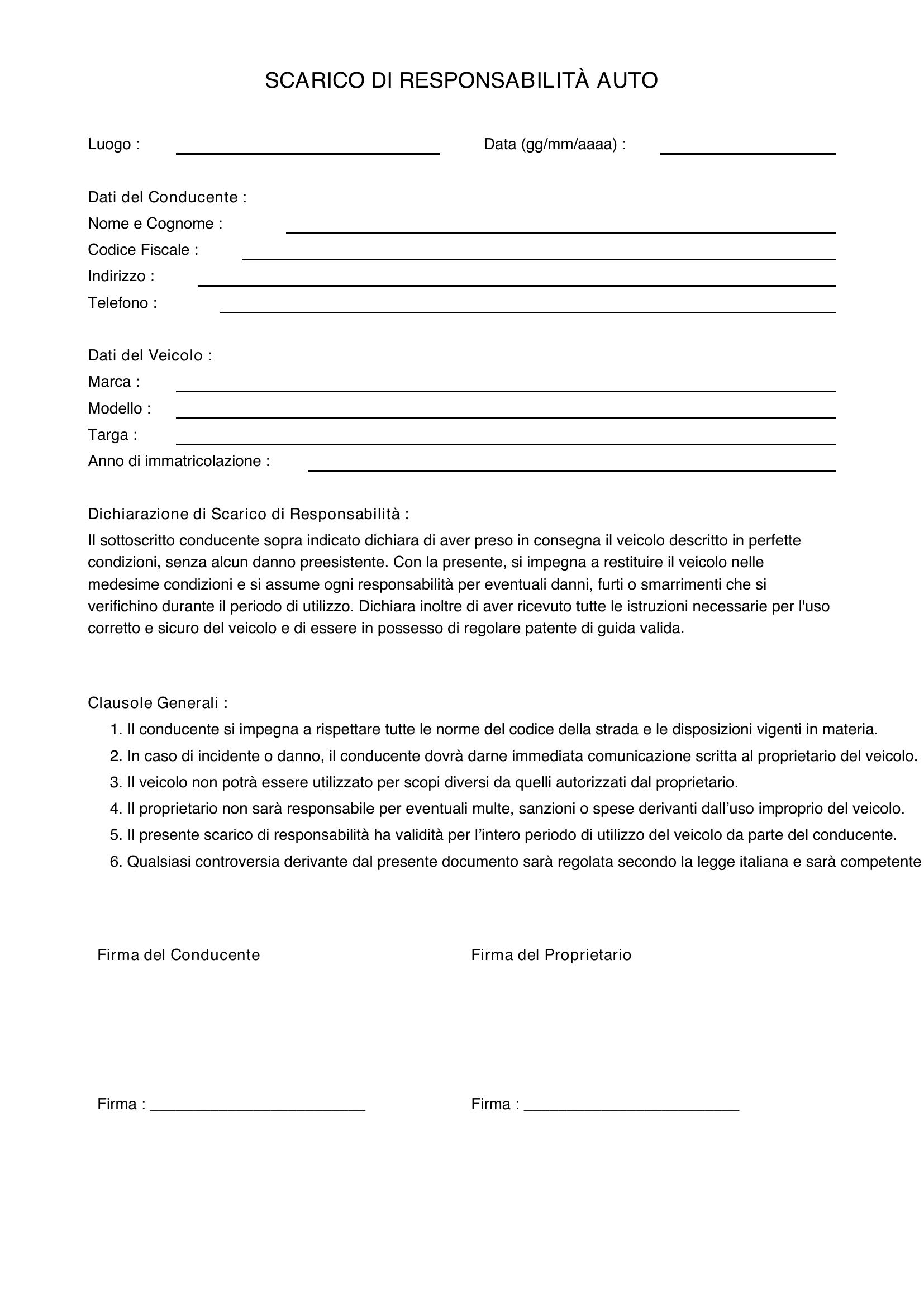 Scarico Di Responsabilita' Auto