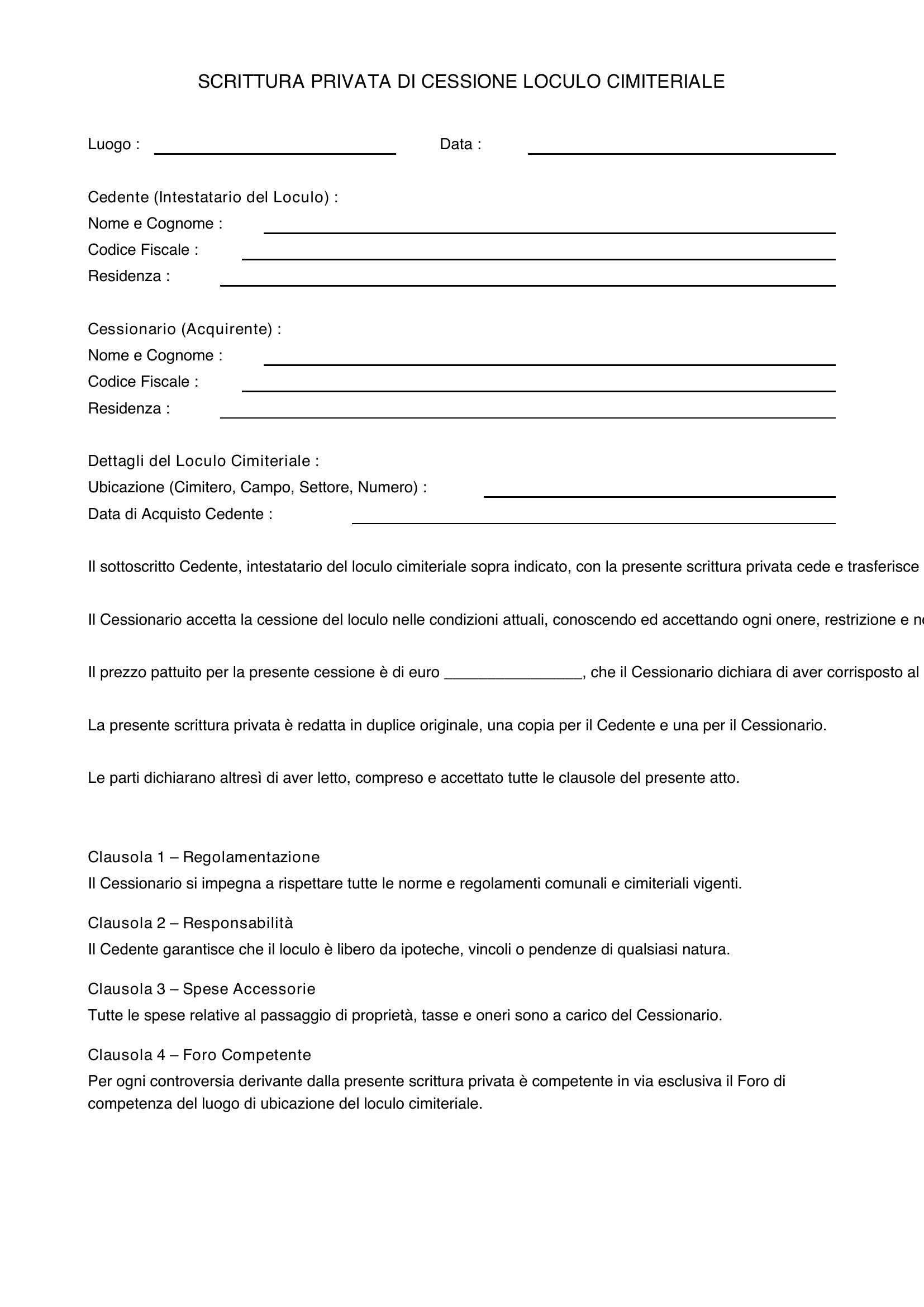 Scrittura Privata Cessione Loculo Cimiteriale